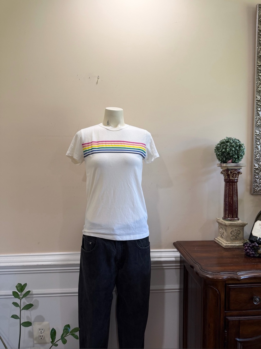 Marine Layer White Rainbow Stripe Short Sleeve Tee